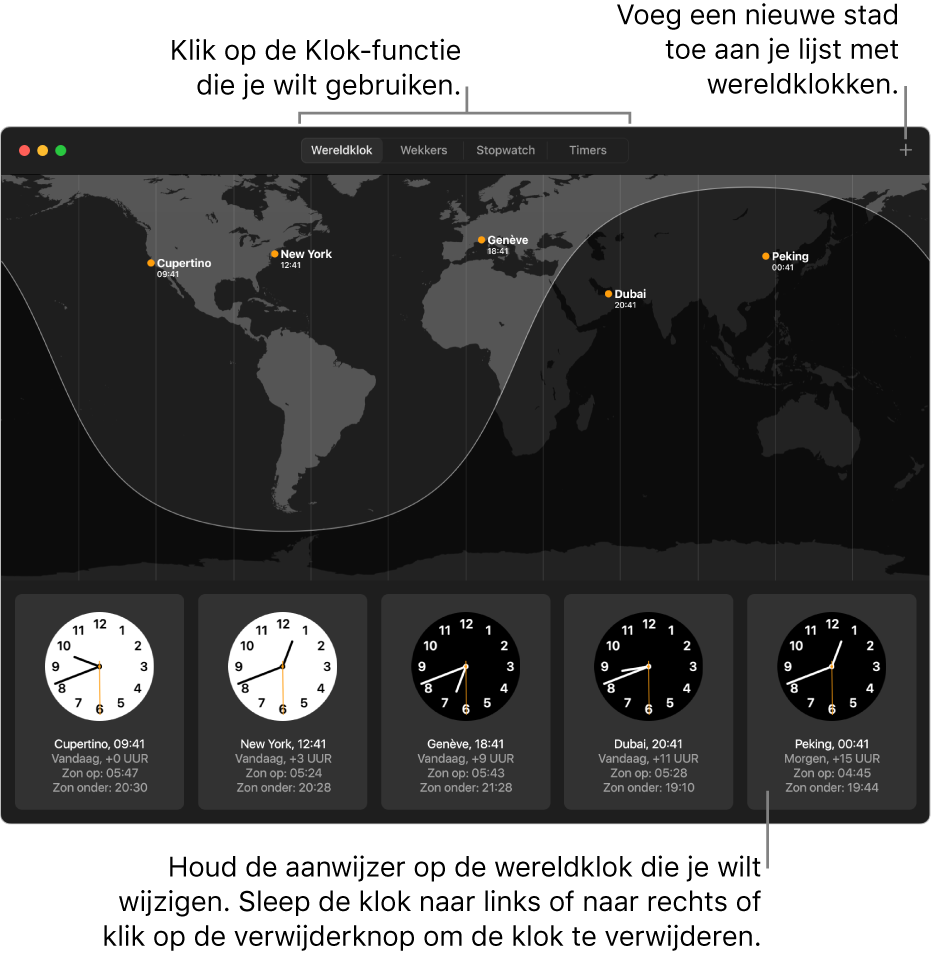 Een wereldkaart met de plaatselijke tijd, zonsopkomst en zonsondergang in verschillende steden over de hele wereld.