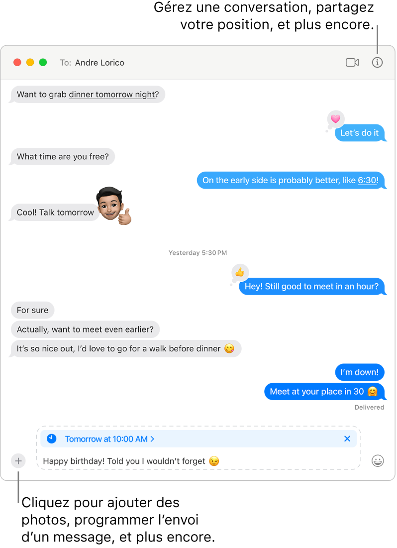 Une fenêtre Messages affichant une conversation. Une message est programmé pour être envoyé Demain à 10 heures. Le message dit « Bon anniversaire ! Je t’avais dit que je n’oublierai pas. »