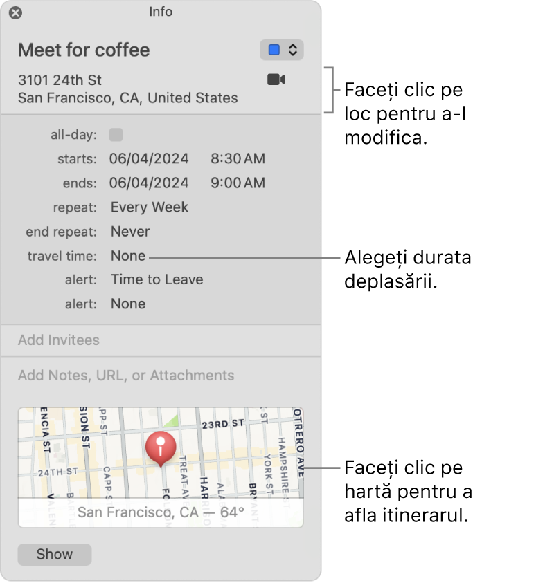 Fereastră de informații pentru un eveniment, având cursorul deasupra meniului pop-up Deplasare. Faceți clic pe locație pentru a o modifica. Alegeți o durată de deplasare din meniul pop-up. Faceți clic pe hartă pentru a afla itinerarul.