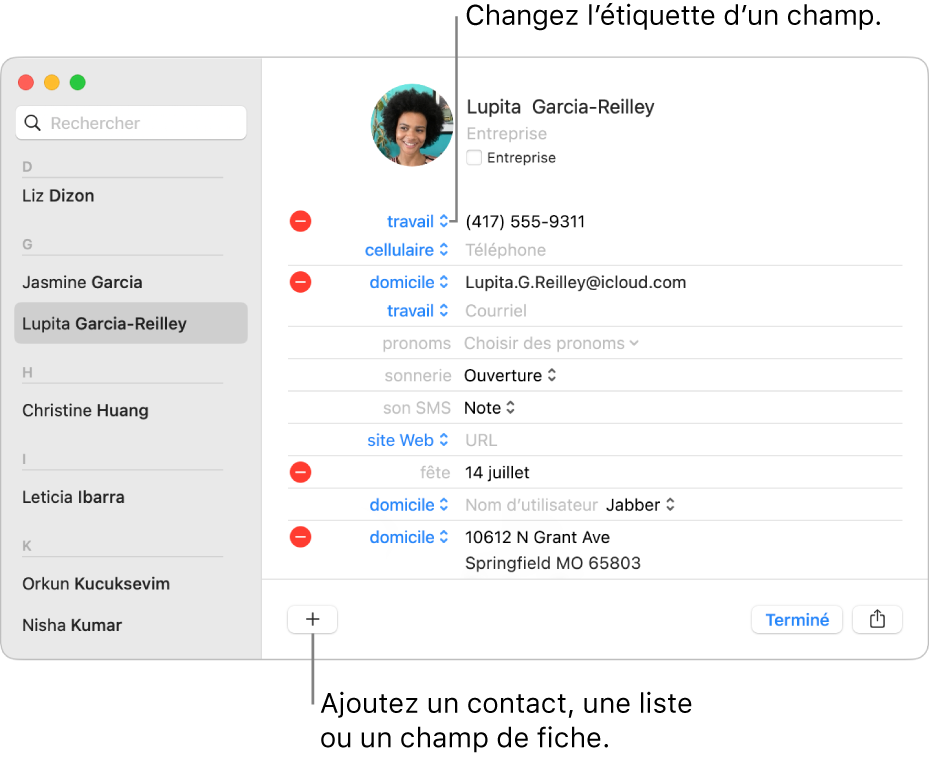 La fiche d’un contact qui affiche une étiquette de champ modifiable et le bouton en bas pour ajouter un champ de contact, de liste ou de fiche.