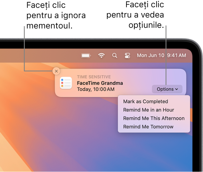Notificare pentru un memento cu butoanele Finalizat și Mai târziu.