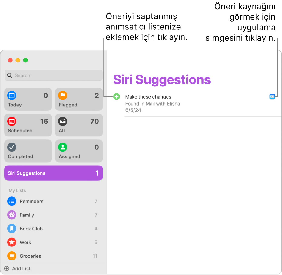 Anımsatıcılar uygulamasındaki Siri Önerileri listesi, Mail uygulamasından önerilen bir anımsatıcıyı gösteriyor.