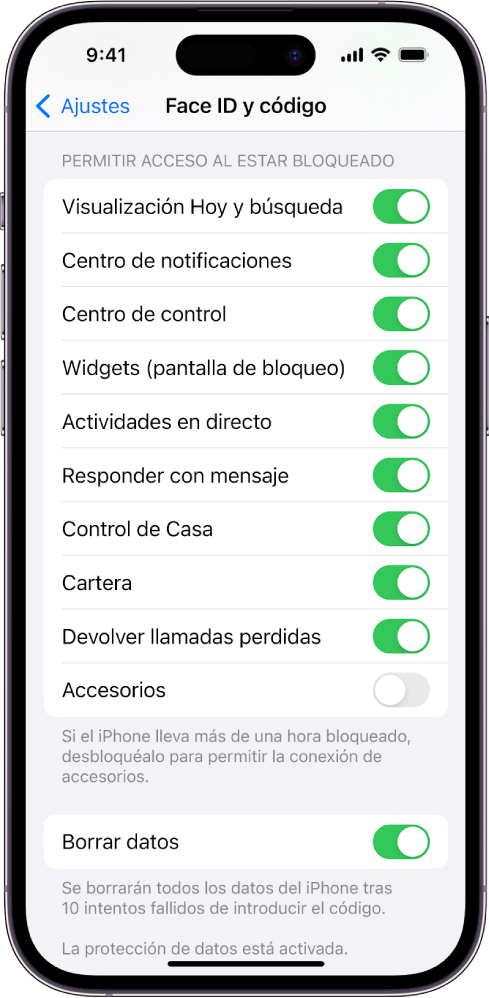 La pantalla “Face ID y código”, con ajustes para permitir el acceso a determinadas funciones cuando el iPhone está bloqueado.
