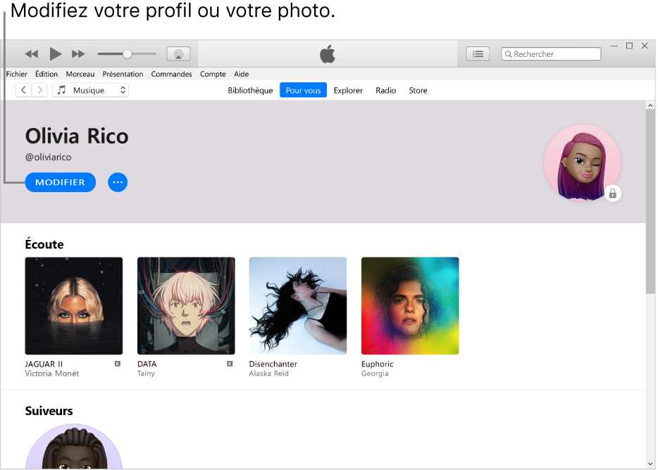 La page de profil dans Apple Music : Dans le coin supérieur gauche, en dessous de votre nom, cliquez sur Modifier pour modifier votre profil ou votre photo.