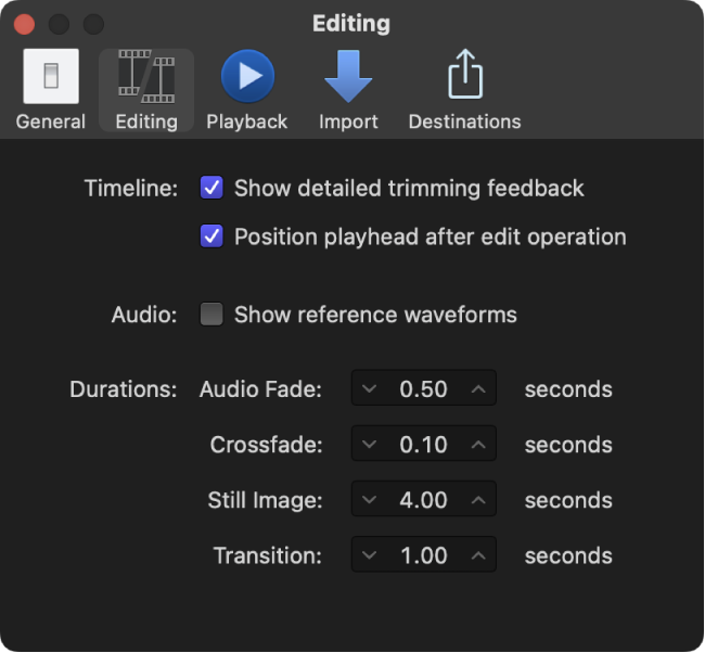 El panel Edición de la ventana Ajustes de Final Cut Pro