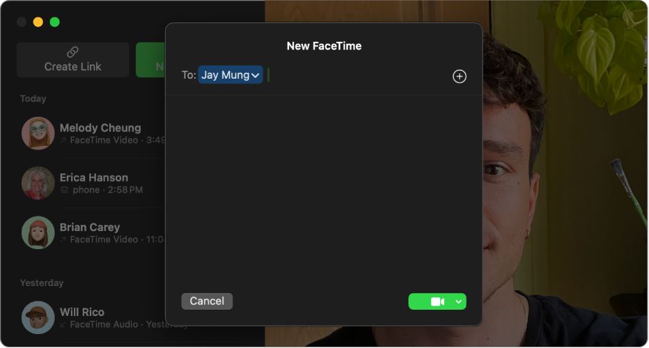 Vinduet Ny FaceTime, der viser muligheden for at starte et FaceTime-videoopkald eller et FaceTime-samtaleopkald.