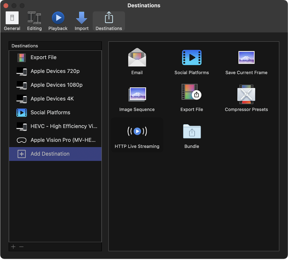 Bereich „Ziele“ im Final Cut Pro-Fenster „Einstellungen“