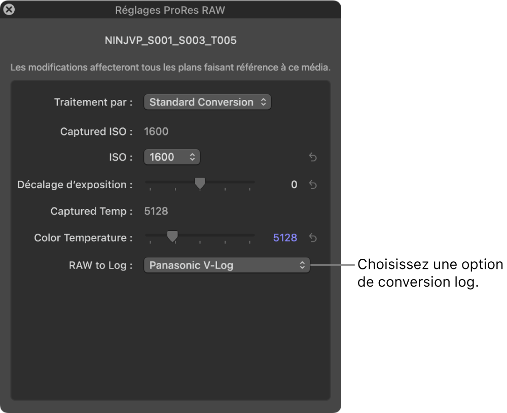 Fenêtre « Réglages ProRes RAW » montrant le menu local « RAW vers log »