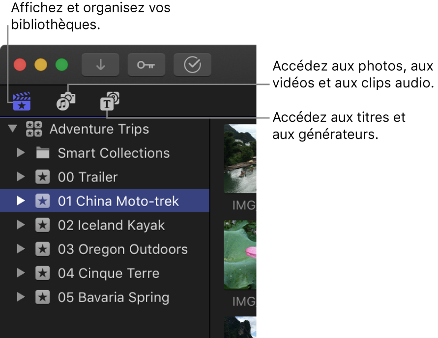 Les trois boutons dans le coin supérieur gauche de la fenêtre de Final Cut Pro permettant d’ouvrir les fenêtres de la barre latérale