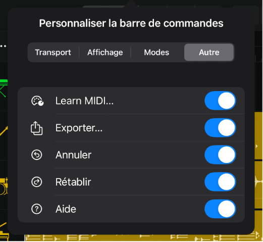 Figure. La zone de dialogue « Personnaliser la barre de commandes » montrant les commutateurs dans la catégorie Autre.