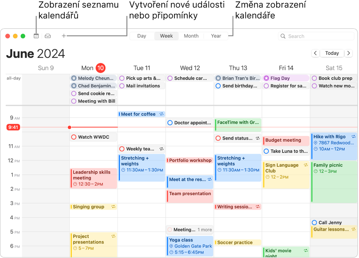 Okno aplikace Kalendář se všemi událostmi a připomínkami naplánovanými na týden. Šipky ukazující směrem k tlačítkům pro seznam kalendářů, vytváření událostí nebo připomínek a změnu zobrazení na Den, Týden, Měsíc nebo Rok.