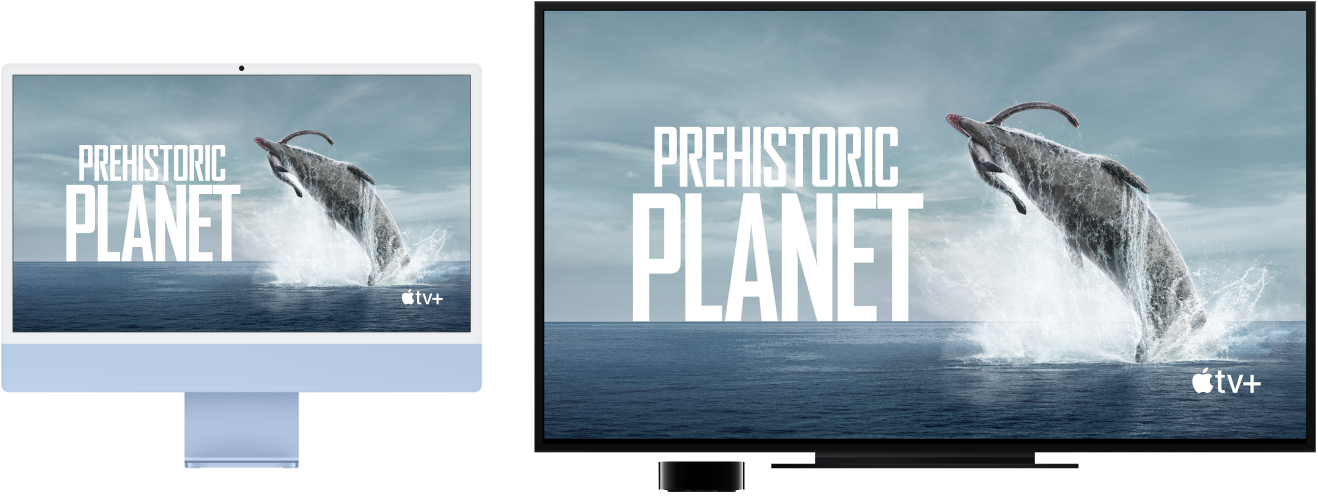 En iMac med indholdet dubleret på et stort HD-fjernsyn og et Apple TV.