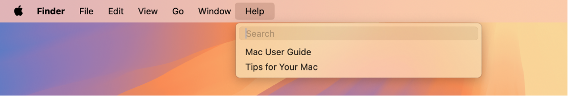 O parte din desktop cu meniul Ajutor deschis, afișând opțiunile de meniu pentru Căutare și Ajutor macOS.