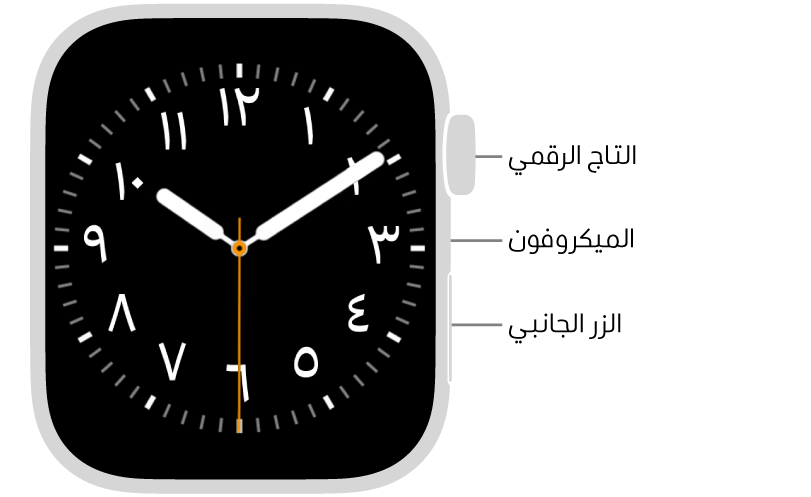 الجزء الأمامي من Apple Watch Series 9 وتظهر به شاشة العرض التي تعرض واجهة الساعة والتاج الرقمي والميكروفون والزر الجانبي من أعلى إلى أسفل على جانب الساعة.