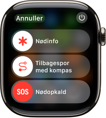Skærmen Alarmcentral. Øverst vises mærket Nødinfo, i midten er mærket Tilbagespor med kompas, og nederst er mærket Nødopkald.