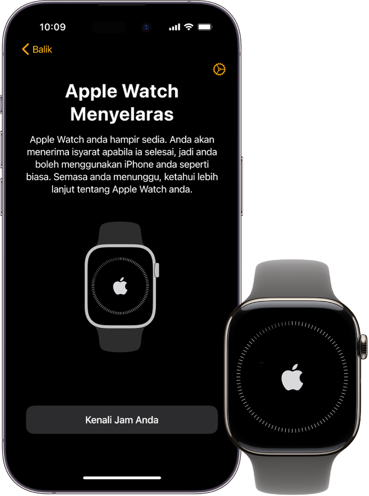 iPhone dan Apple Watch menunjukkan skrin penyelarasannya.