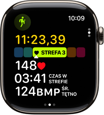 Trwający trening. Wyświetlany jest czas trwania treningu, bieżąca strefa tętna, bieżące tętno, czas w danej strefie oraz średnie tętno.