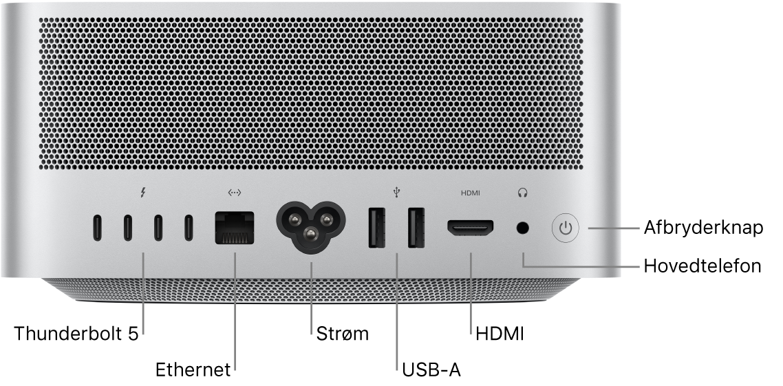 Bagsiden af Mac Studio, der viser fire Thunderbolt 5-porte (USB-C), Gigabit Ethernet-porten, porten til strømforsyning, to USB-A-porte, HDMI-porten, 3,5 mm stikket til hovedtelefoner og afbryderknappen.