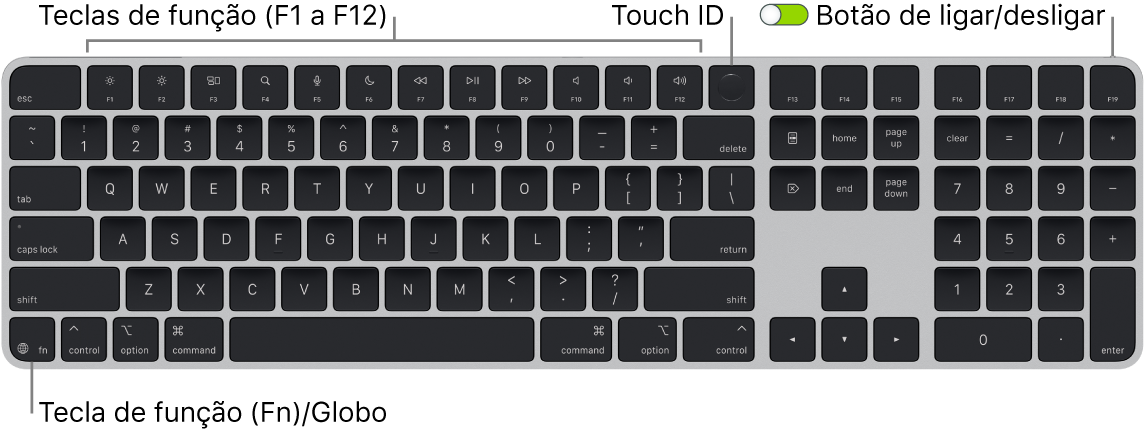 Teclado Magic Keyboard com Touch ID e teclado numérico a mostrar a linha de teclas de função e Touch ID na parte superior, e a tecla de função (Fn)/Globo na parte inferior esquerda.