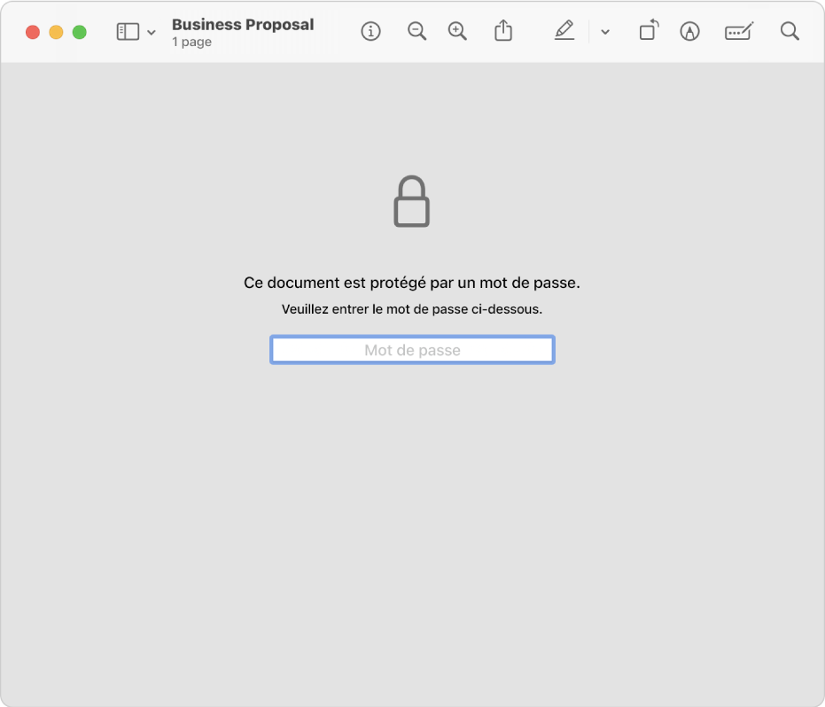 Un fichier PDF protégé par mot de passe qui affiche une icône de cadenas et un champ de texte pour saisir le mot de passe à l’ouverture du fichier.