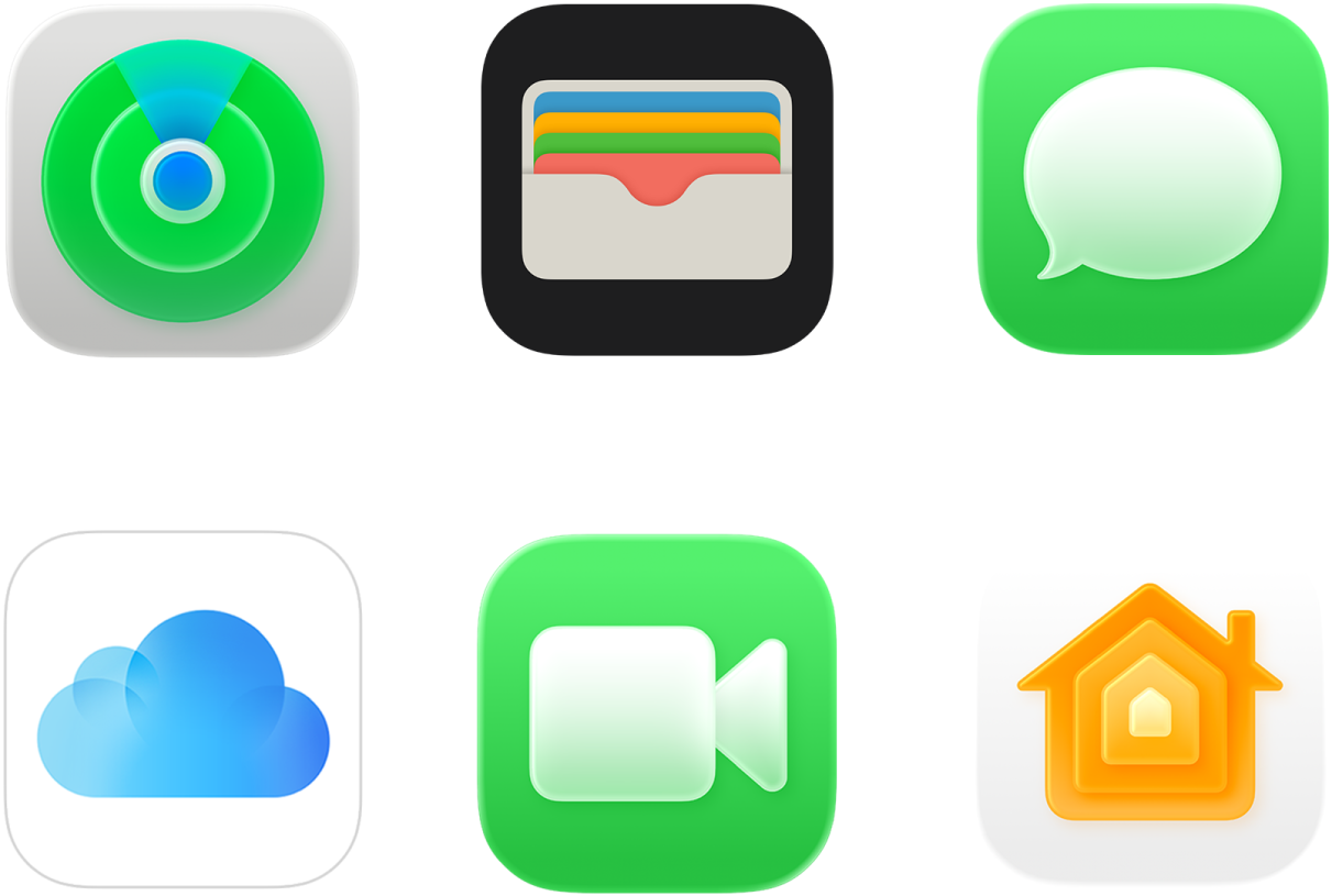 สัญลักษณ์ของบริการหกรายการที่ Apple มอบให้: “ค้นหาของฉัน”, กระเป๋าสตางค์, iMessage, iCloud, FaceTime และบ้าน