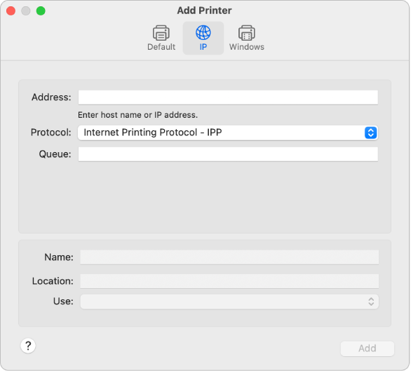La zone de dialogue Ajouter une imprimante qui affiche les options IP pour la configuration d’une imprimante utilisant le protocole IP.