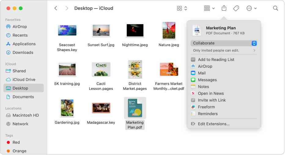 Une fenêtre du Finder qui contient des fichiers et des dossiers. Dans le menu contextuel Partager, l’option Collaborer est sélectionnée.