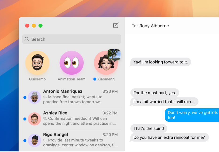 Fenêtre de l’app Messages sur Mac qui affiche des résumés de conversations à gauche.