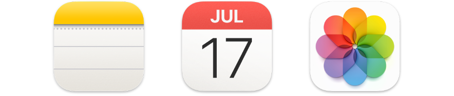 Des icônes représentant trois apps : Notes, Calendrier et Photos.