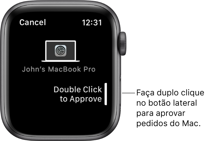 Um Apple Watch a mostrar um pedido de autorização de um MacBook Pro.