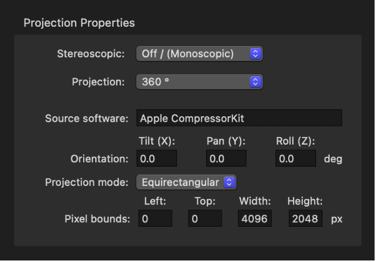 The Projection Properties area in Compressor showing 360° metadata properties.