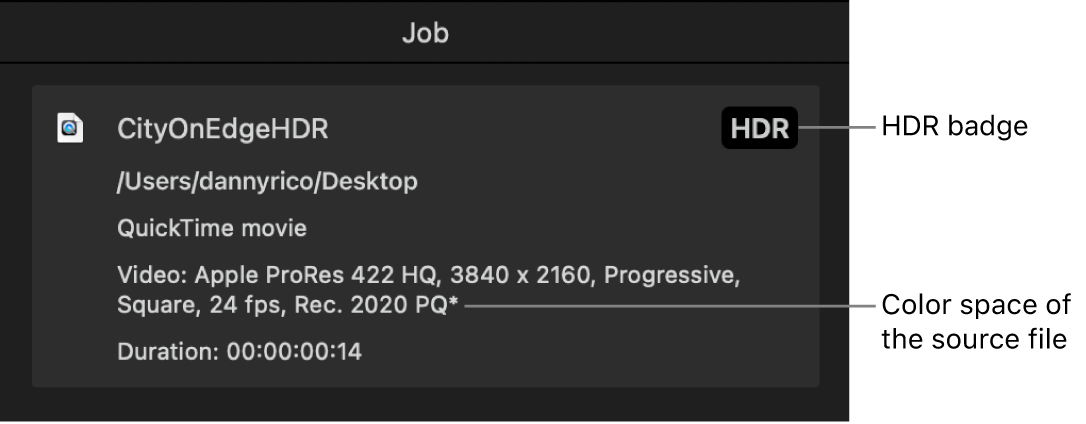 El inspector de tareas de Compressor muestra un distintivo HDR y el espacio de color del archivo de vídeo de origen.