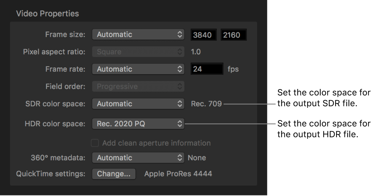 El inspector de tareas de Compressor con las propiedades de vídeo de un paquete de iTunes Store.