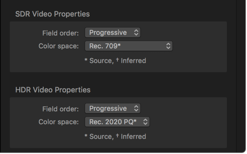 Inspector de tareas de Compressor con menús desplegables “Espacio de color” específicos para el vídeo de origen SDR y el vídeo de origen HDR en un paquete de iTunes Store.