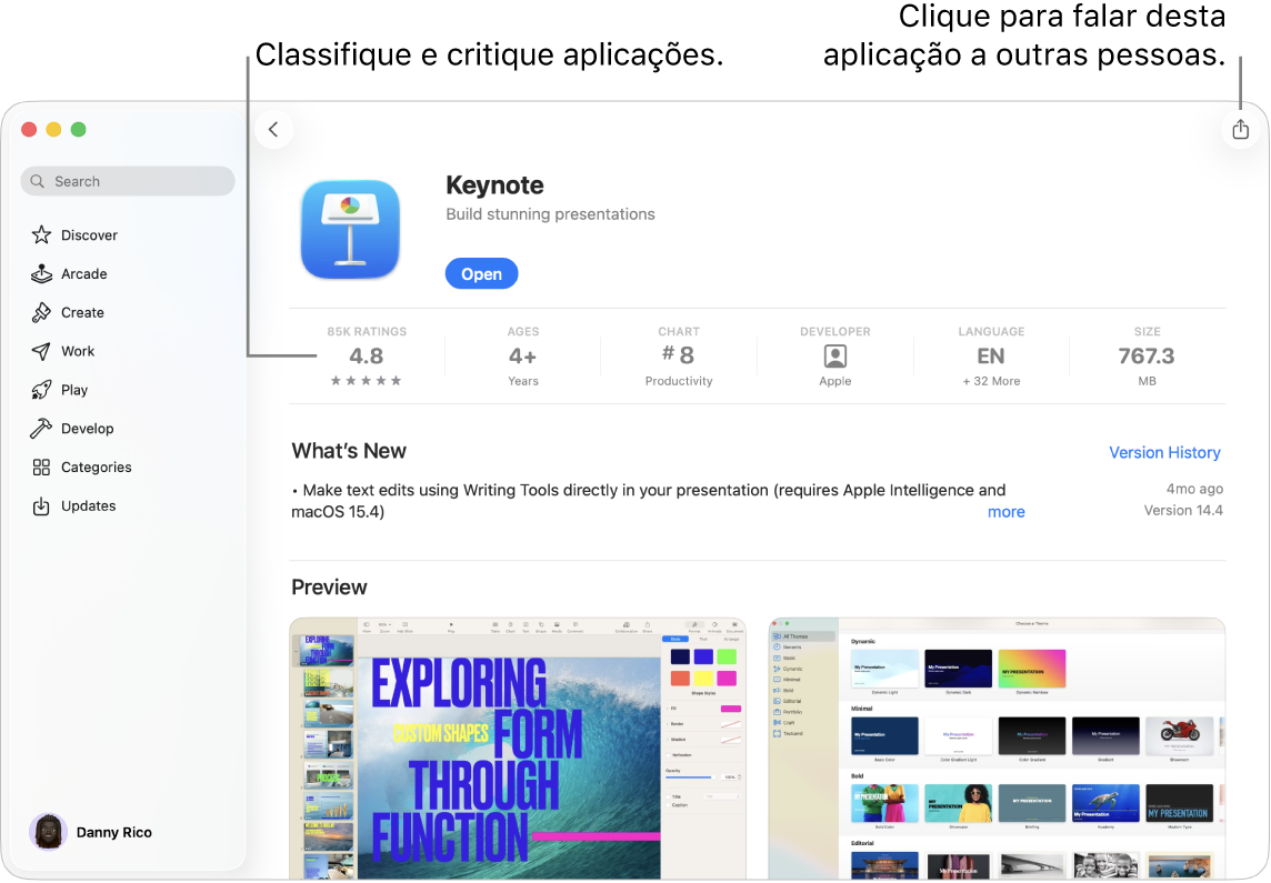A página de descrição da aplicação Keynote na App Store no Mac.