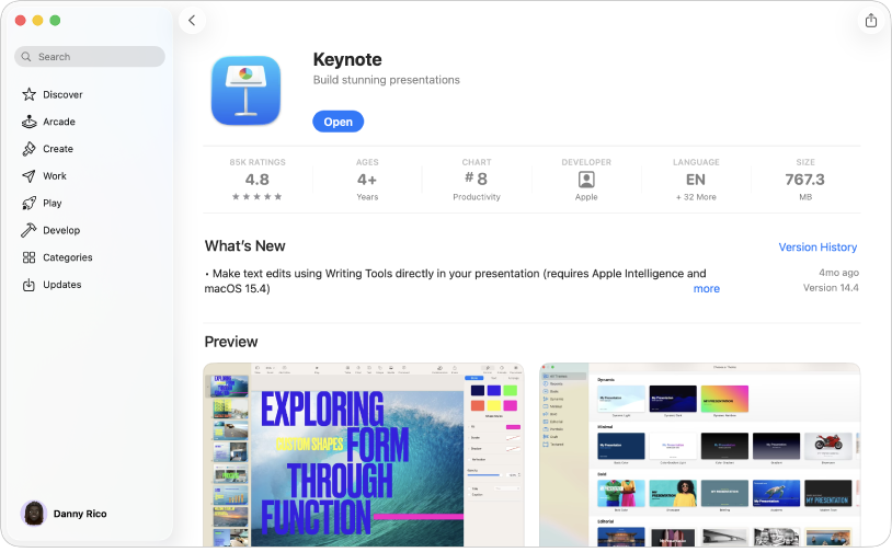 Stránka s popisom apky Keynote v App Store na Macu.