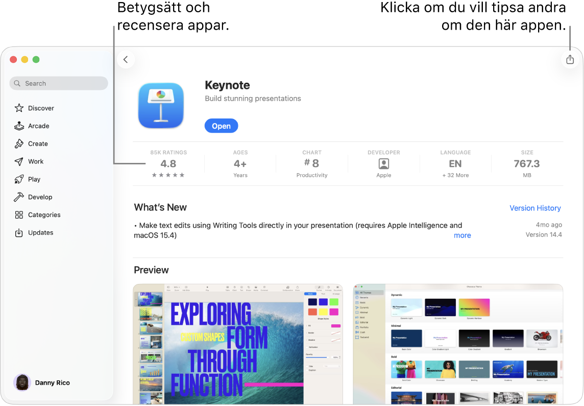 Beskrivningssidan för appen Keynote i App Store på Mac.