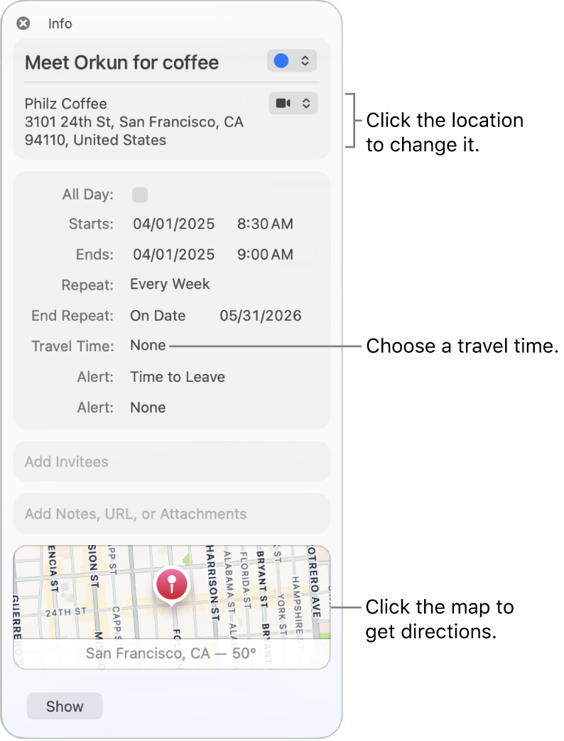 Info window for an event showing the event location on a map.