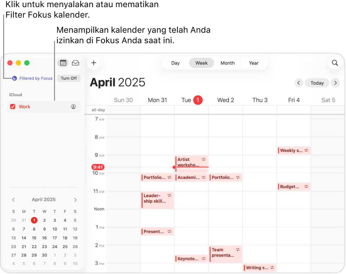 Jendela Kalender dalam tampilan Minggu hanya menampilkan kalender Kerja di bar samping setelah Fokus Kerja dinyalakan.
