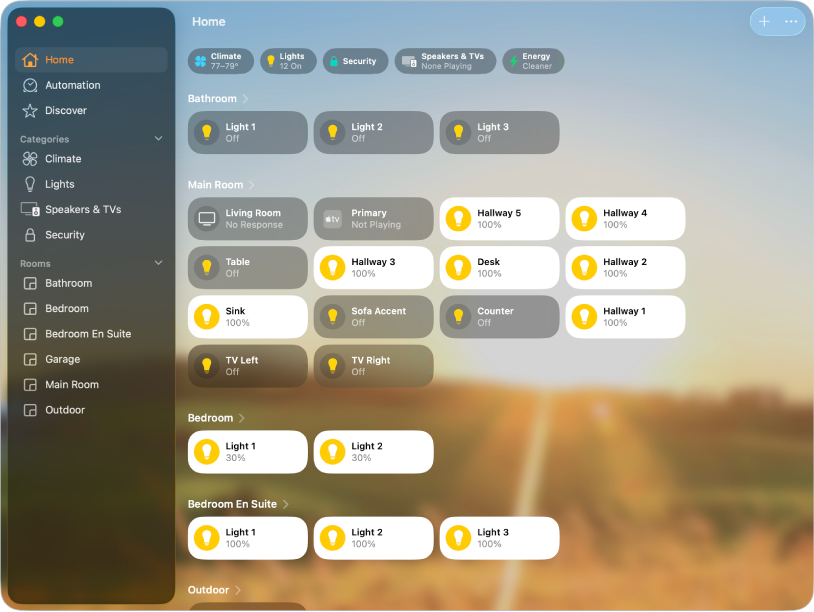 The Home screen displaying accessory categories along the top, followed by camera feeds, scene tiles, and accessory tiles in the room “Entry.”