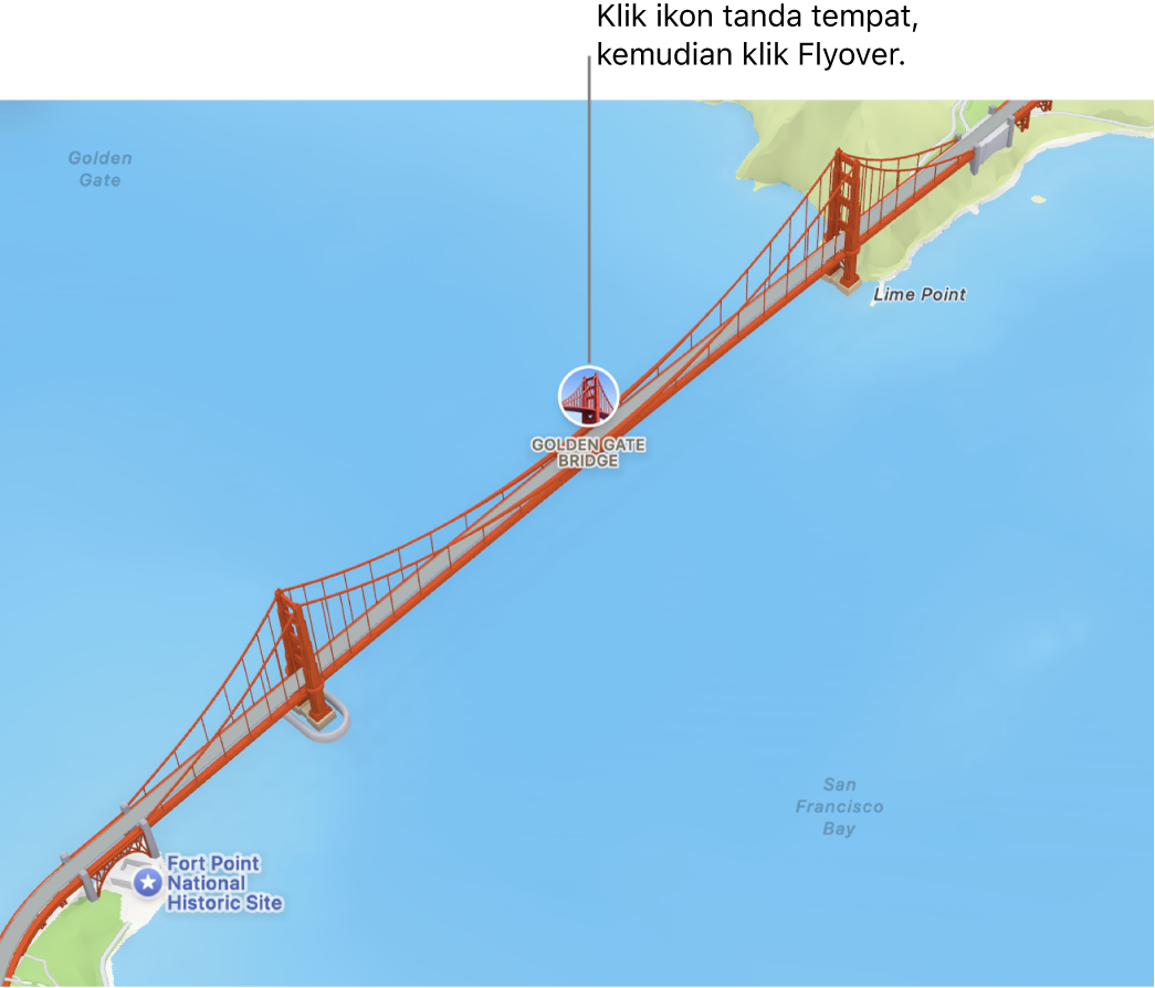 Lokasi ditandakan dengan ikon dibulatkan yang biasanya mempunyai Lawatan Flyover.