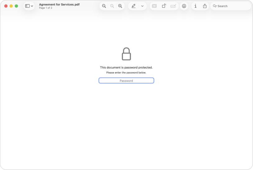 Un PDF protegido con contraseña que muestra el icono de un candado y un campo de texto para introducir la contraseña para abrir el archivo.