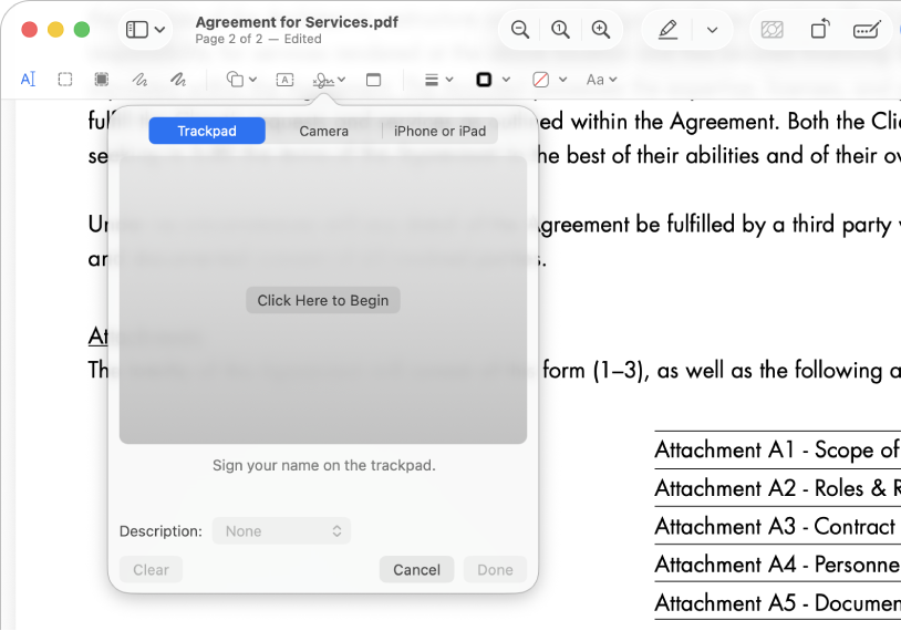 Un PDF dans la fenêtre de l’app Aperçu, avec l’outil de signature.