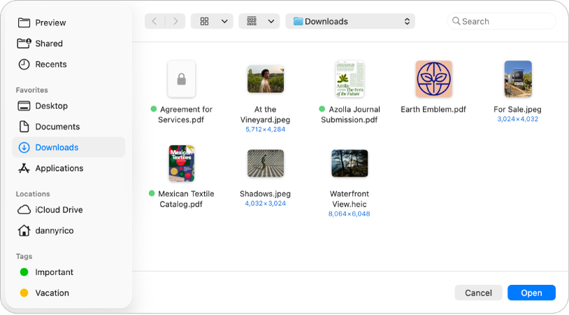 หน้าต่างโต้ตอบเปิดไฟล์ในแอปแสดงตัวอย่างที่แสดงไฟล์ PDF และภาพเป็นไอคอน ที่ด้านขวาล่างสุดคือปุ่มยกเลิกและปุ่มเปิด