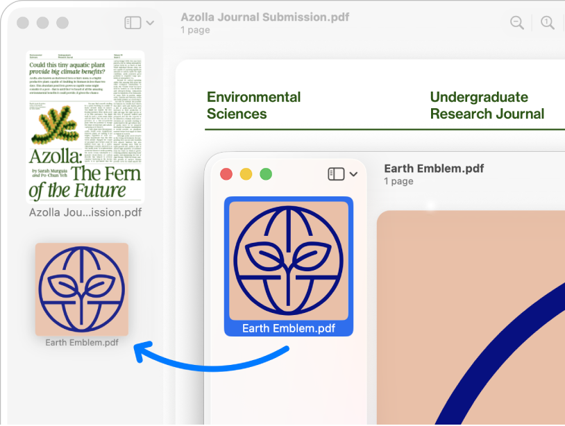 รูปย่อของหน้าถูกลากจากแถบด้านข้างของ PDF ไฟล์หนึ่งไปยังอีกแถบด้านข้างของไฟล์อื่น