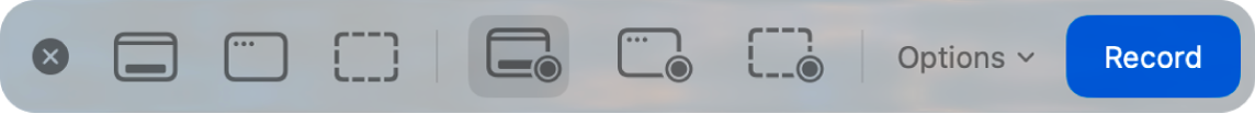 As ferramentas de captura de ecrã com o botão Gravar à direita e o menu pop-up Opções ao lado.