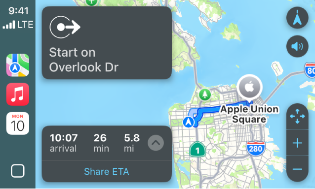 CarPlay приказује Maps, Music и Calendar на бочној траци. Са десне стране је рута за навигацију од седишта Apple Park до станице Apple Union.