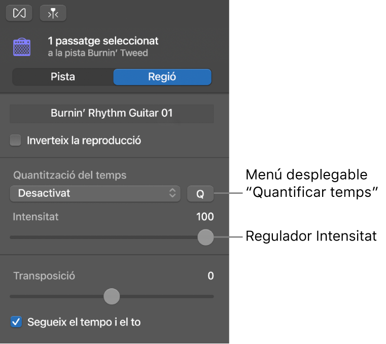 L’inspector de l’editor d’àudio, amb el menú desplegable “Quantificador de temps” i el regulador d’intensitat.