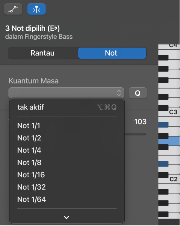 Memilih nilai dari menu timbul Kuantum Masa dalam pemeriksa Editor Lembaran Piano.