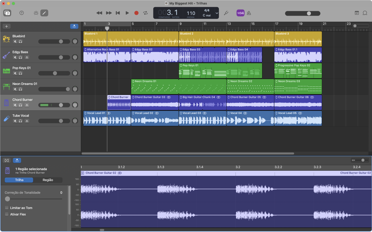 Projeto do GarageBand em execução.
